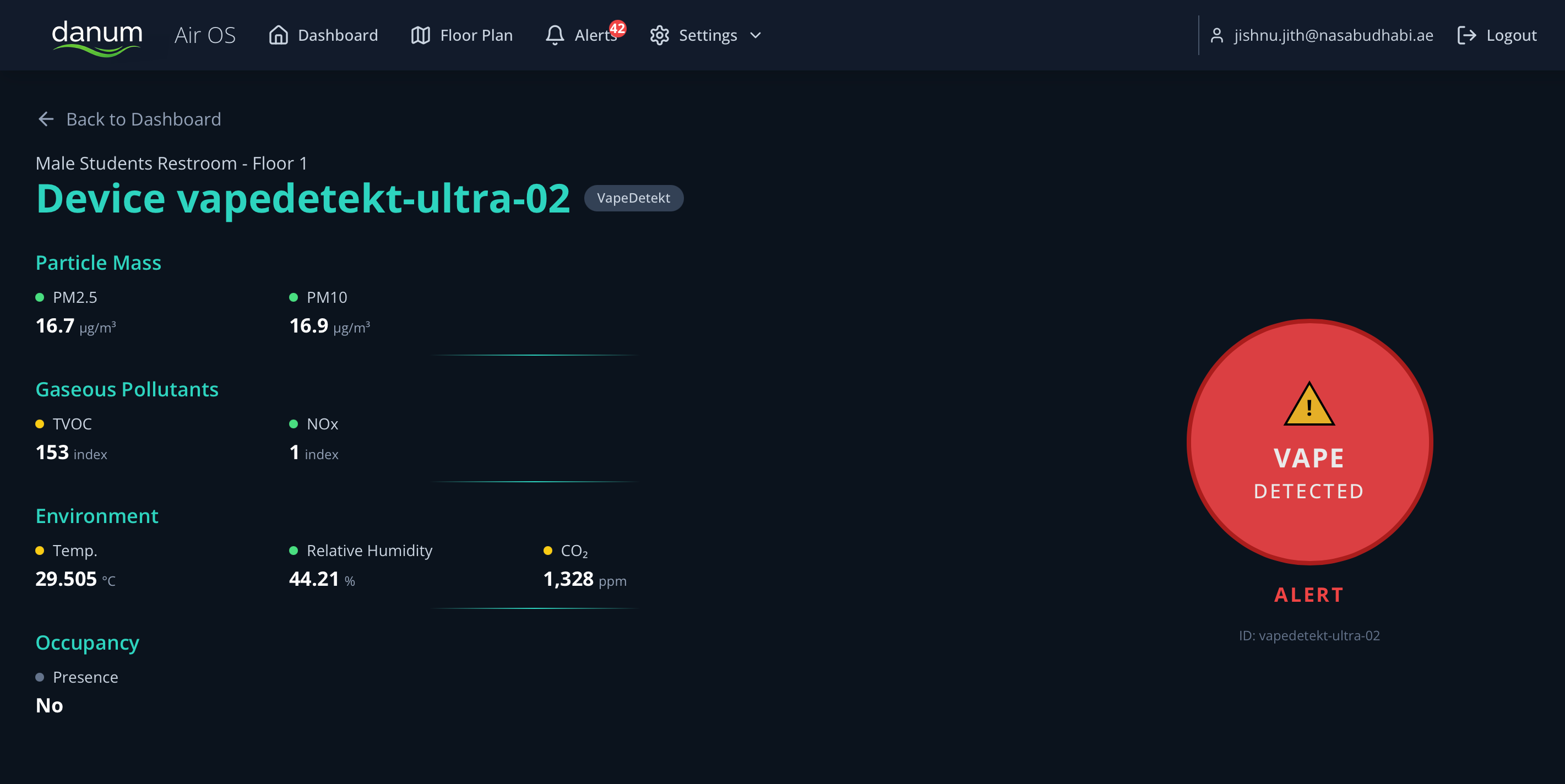 VAPE DETECTED - Live Device Detail View